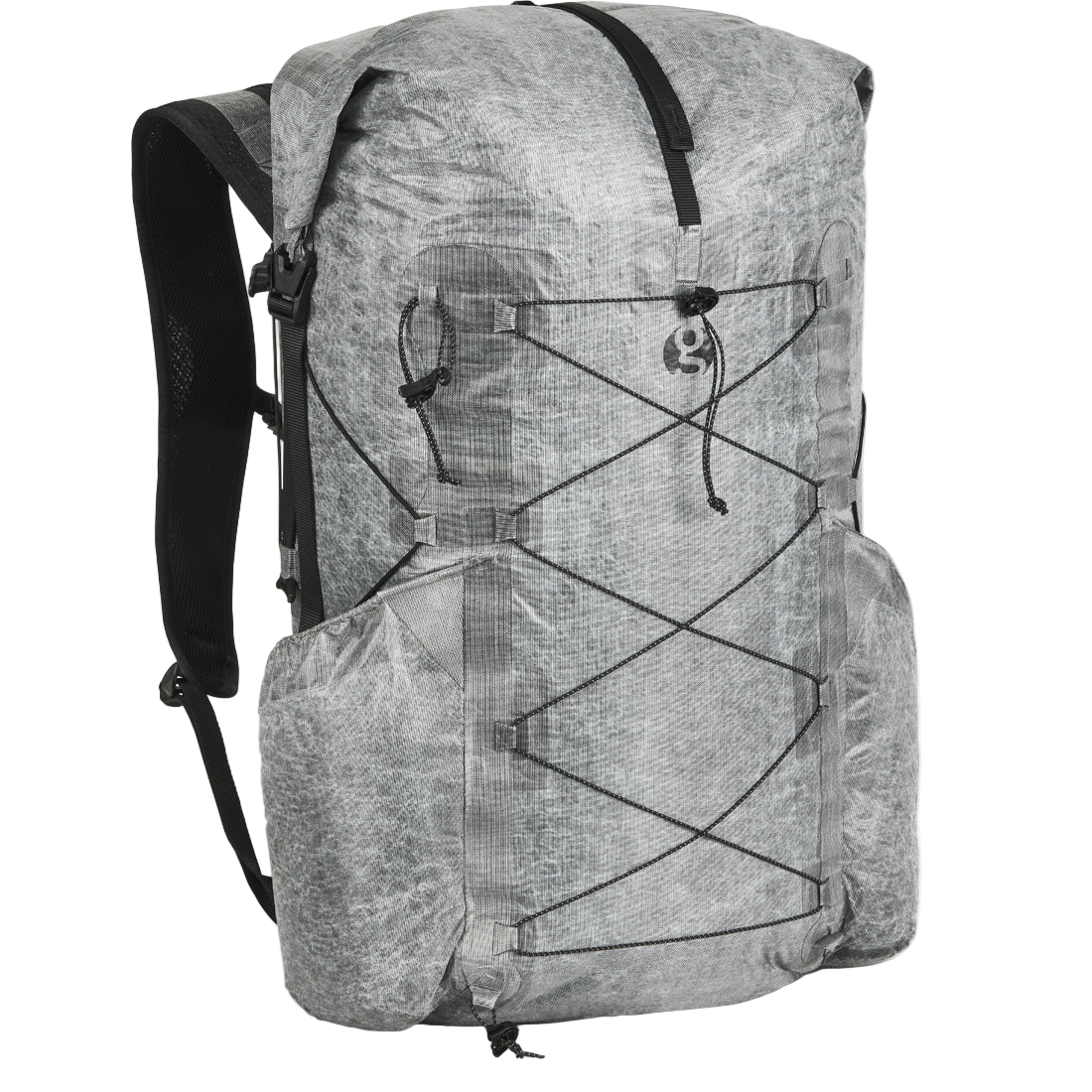 Gray backpack with black straps on a white background