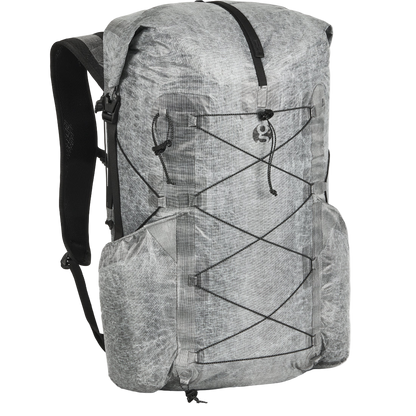 Gray backpack with black straps on a white background