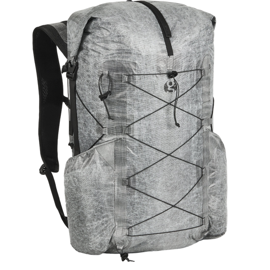 Gray backpack with black straps on a white background